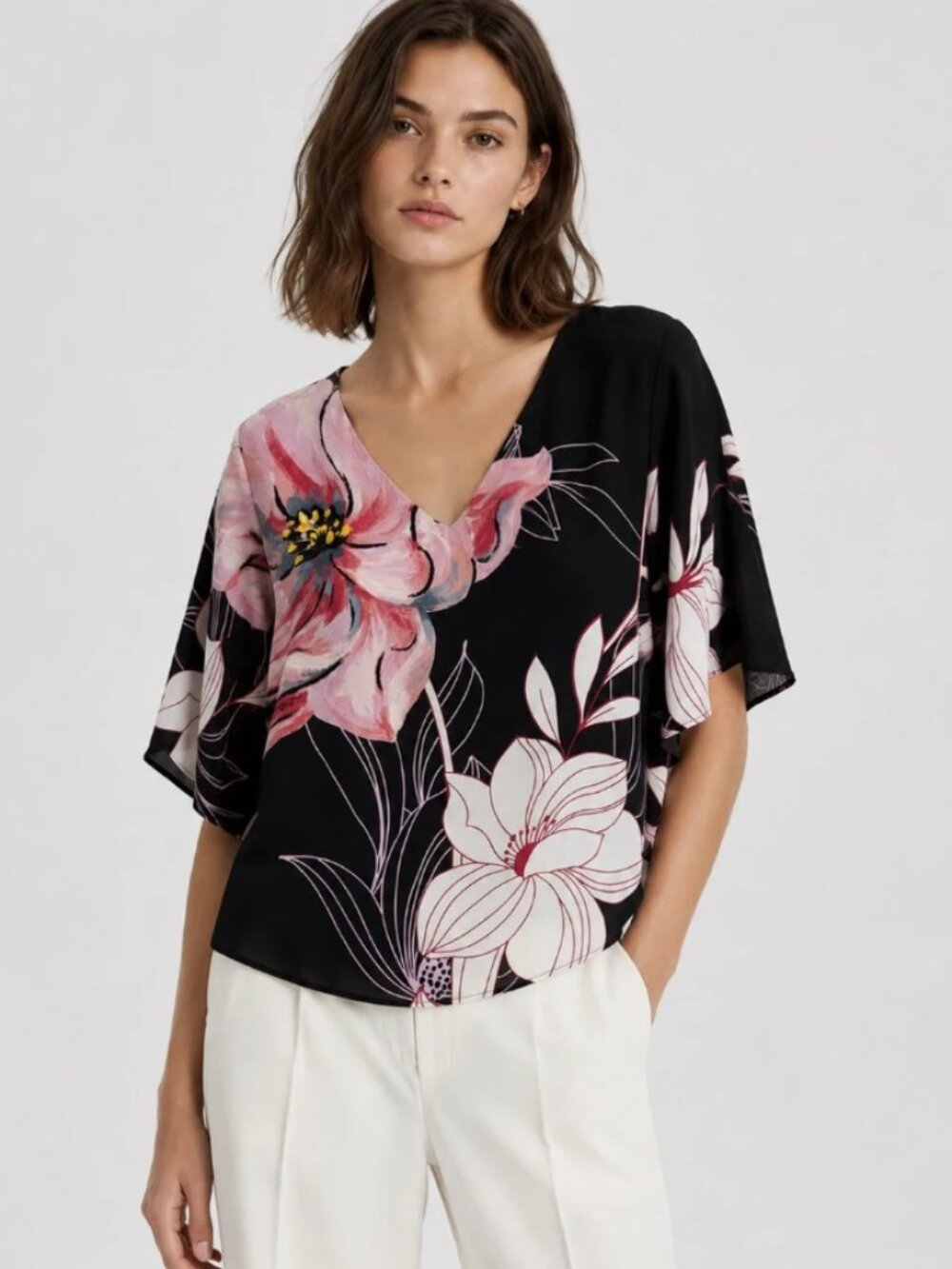 White House Black Market Black Tunic Pink White Floral Blouse Large Flowy